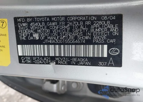 2005 Lexus Es 330 from USA, damaged, VIN JTHBA30G155064674